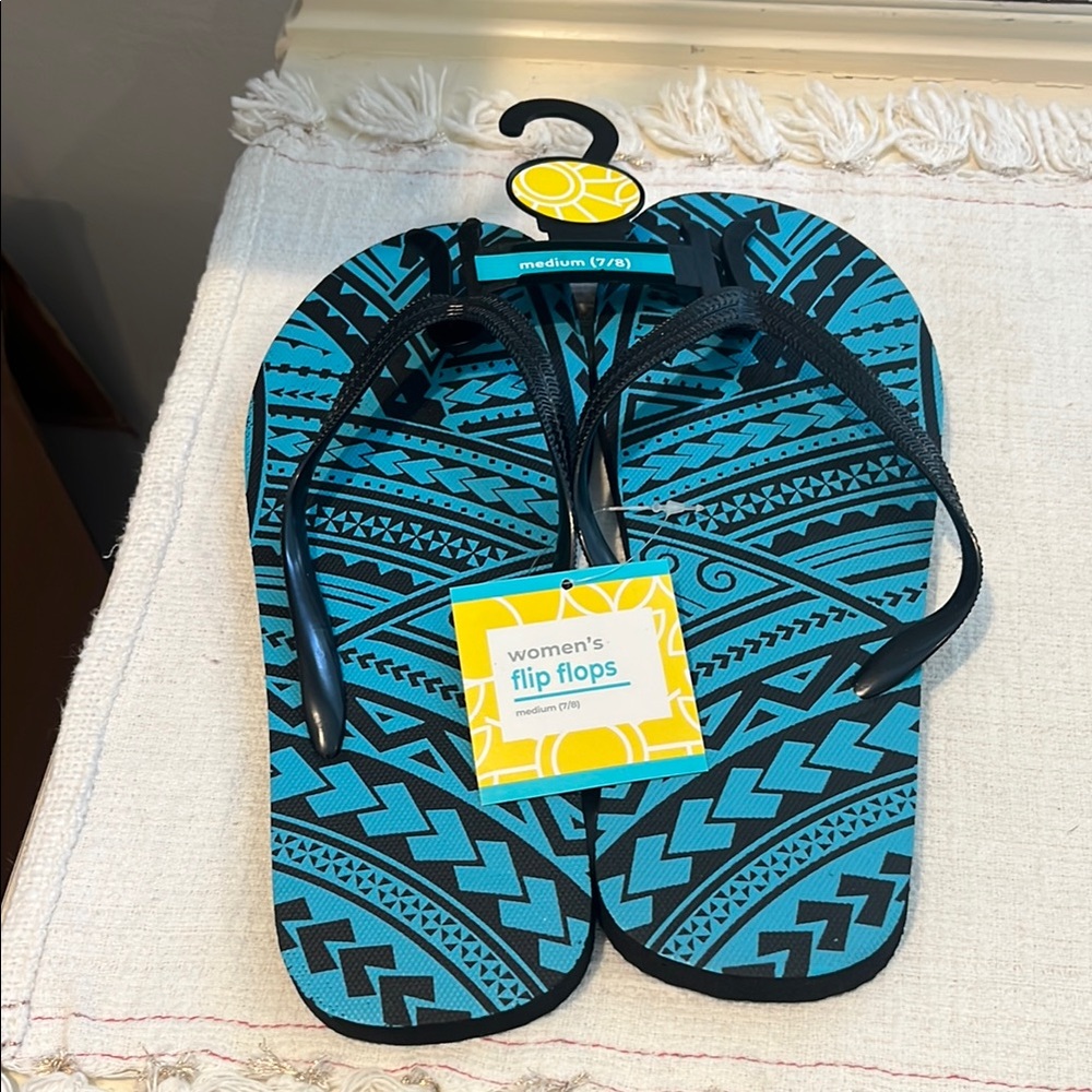 Blue and Black Patterned Women's Flip Flops